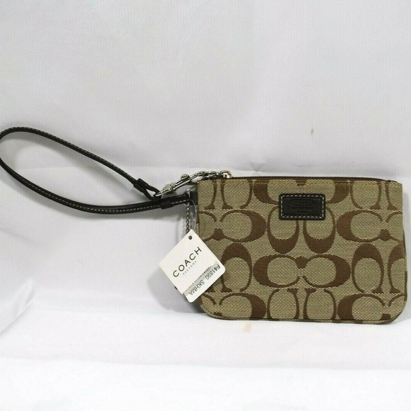 Coach Handbags - Coach Khaki & Mahogany Signature Skinny Wristlet